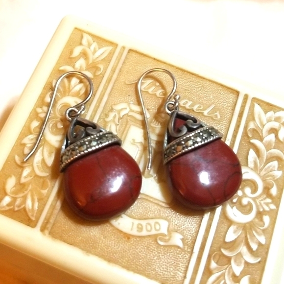 Vintage Jewelry - Vintage Red Jasper Marcasite Sterling Earrings Felicia Design Co.